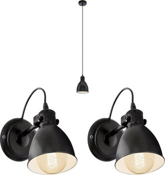 Loops Ceiling Pendant Light & 2x Matching Wall Lights Black Industrial Lamp Shade