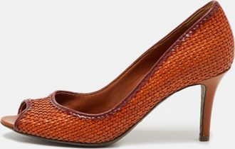 Sergio Rossi Burnt Orange Woven Leather Peep Toe Pumps