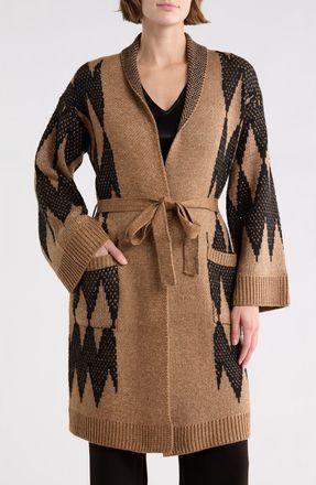 T Tahari Long Sleeve Pattern Sweater in Sherwood Beige/Black at Nordstrom Rack, Size X-Large