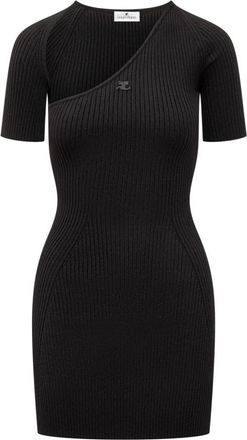Courr&egrave;ges Cut-out Ribgebreide Midi Jurk - Dames - Kleedjes - Zwart - M - Polyester - Kleedjes
