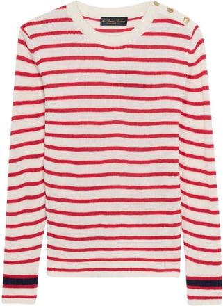Brooks Brothers Gestreept tricot met ronde hals en gouden logoknopen - Dames - Ronde hals truien - Rood - M - Katoen - Truien & Vesten