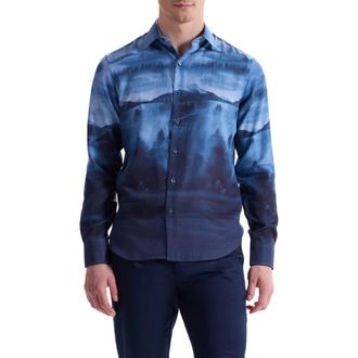 Bugatchi Julian Shaped Fit Landscape Print Lyocell Button-Up Shirt in Teal at Nordstrom Rack, Size Xx-Large