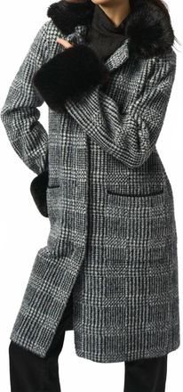 Joseph Ribkoff Feather Yarn Plaid Jacquard Coat With Faux Fur Trim In Black/white
