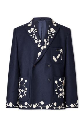 Bode Snowdrop Double-Breasted Appliqu&eacute;d Wool-Blend Suit Jacket