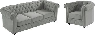 VENTE-UNIQUE.COM Conjunto sof&aacute; y sill&oacute;n fijo terciopelo 4 plazas gris claro 205x88cm