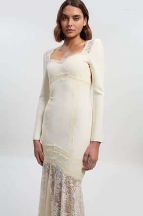 Karen Millen Womens Figure Form Bandage Lace Mix Knit Maxi Dress - Cream - Size Medium