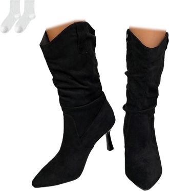 Generic Womens Mid-Calf Slouch Boots with An 8 Cm Heel, High-Heeled Boots with Pointed Toe in A Suede Look, Elegant Tall Boots for Everyday Wear, Leisure, Par