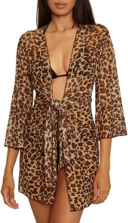 BECCA by Rebecca Virtue Safari Tie Front Long Sleeve Sheer Mesh Cover-Up in Leopard at Nordstrom, Size Medium