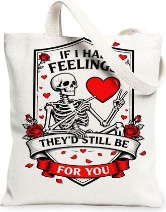 Generic ValentineS Day Skeleton Canvas Tote Bag, Heart Floral Design Reusable Grocery Bags, Lightweight Washable Shoulder Strap to, White, 13x15 Inch
