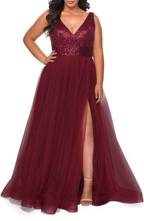 La Femme Curvy A-line Gown with Sequin Bodice and Tulle Skirt in Wine at Nordstrom, Size 14W