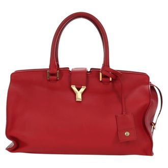 Saint Laurent Classic Y Cabas Leather Red Leather Handbag (Pre-Owned)