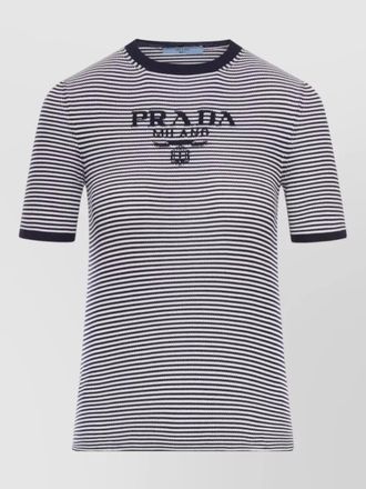 Prada striped silk crew neck sweater logo