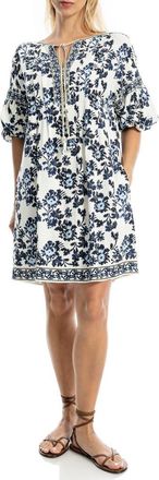 Max Studio Floral Puff Sleeve Shift Dress in Cream/Dark Navy at Nordstrom Rack, Size X-Large