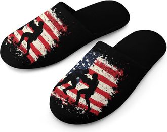Generic Wrestling U.S. Flag Mens Flannel Slipper Soft Non Slip House Shoes Comfy Winter Warm Indoor Outdoor Slippers
