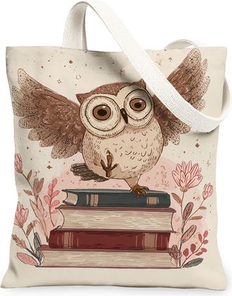 Generic Artistic Owl Canvas Tote Bags, Vintage Floral Pattern Reusable Grocery Bags, Lightweight Washable Shoulder Strap Canvas for, Beige, 13x15 Inch
