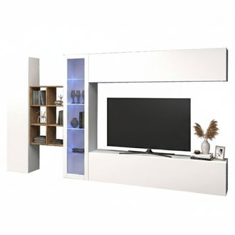 Dmora Pared Equipada Dcavio, Conjunto De Sal&oacute;n Mueble De Tv Con 4 Puertas, Mueble De Sal&oacute;n Polivalente Con Vitrina Y Luz Led, 100% Made In Italy, Cm 280x30h