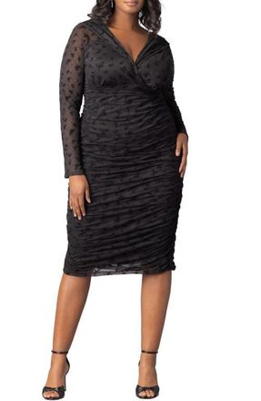 Kiyonna Betsey Ruched Elbow Sleeve Midi Bodycon Dress in Onyx Flocked Florals at Nordstrom, Size 1X