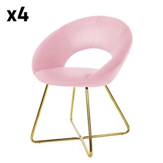ML Design 4x Sillas de comedor aspecto terciopelo rosa y patas de metal doradas