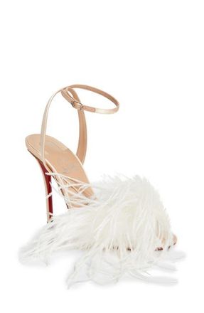 Christian Louboutin Miss Z Loubipoupi Feather Embellished Ankle Strap Sandal in Blush/Ivory at Nordstrom, Size 10.5Us