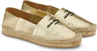 Ferragamo Logo-Embroidered Metallic Espadrille Flat - Gold