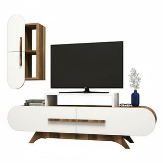 Dmora Dmora - Pared Equipada Dpiccol, Composici&oacute;n De La Sala De Estar, Muebles De Sal&oacute;n Multiusos, Gabinete De Tv, 145x37h50 Cm, Nogal Y Blanco