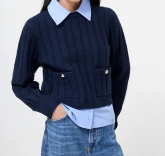 French Connection Ellie Knit Collared Pullover Sweater In Navy Blue