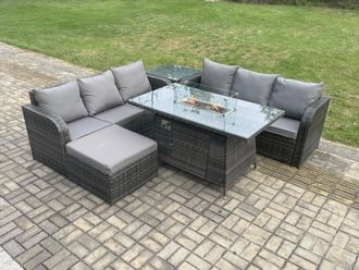 Fimous Garden Patio Furniture Wicker Rattan Gas Fire Pit Table & Sofa set with Side Table Big Footstool in Dark Grey