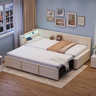 Merax 3ft Single Upholstered Daybed Sofa Bed with Pull Out Trundle, LED in Beige