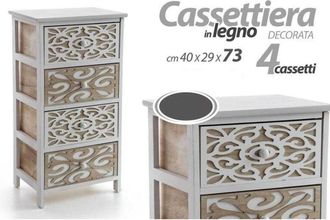 Trade Shop Kaela - Mobile Cassettiera 4 Cassetti Decorati In Legno Bicolore 40 x 29 x 73 Cm 788208
