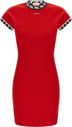 Versace Red Embroidered Crew Neck Mini Dress