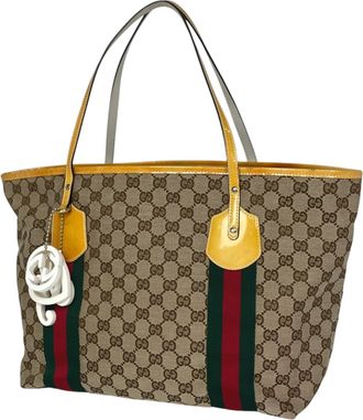 Gucci Sherry Line Beige Yellow Gg Canvas Patent Leather Tote Bag (Pre-Owned)