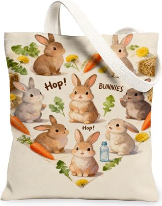 Generic Bunny Floral Canvas Tote Bags, Cute Rabbit Pattern Reusable Grocery Bags, Spring Vintage Lightweight Washable Shoulder Stra, Beige, 13x15 Inch