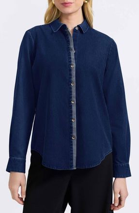 Foxcroft Charlie Denim Button-Up Shirt in Dark Wash at Nordstrom, Size 16