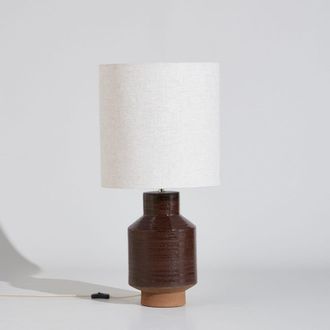 Maisons du monde L&aacute;mpara de mesa de gres marr&oacute;n y pantalla de lino