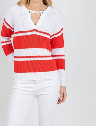 Autumn Cashmere Shaker Stripe Sweater With Crochet Chain Detail In Bleach White/apple