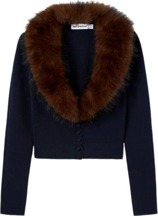 Self Portrait Gebreide Cardigan met Kunstbont - Dames - Vesten - Blauw - XS - Truien & Vesten