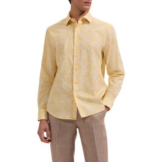 Bugatchi Julian Shaped Fit Leaf Print Cotton Button-Up Shirt in Jojoba at Nordstrom, Size Xx-Large