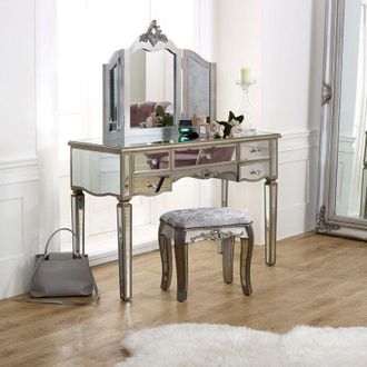 Melody Maison Large Mirrored Dressing Table, Mirror & Stool Set - Tiffany Range in Metallic Silver