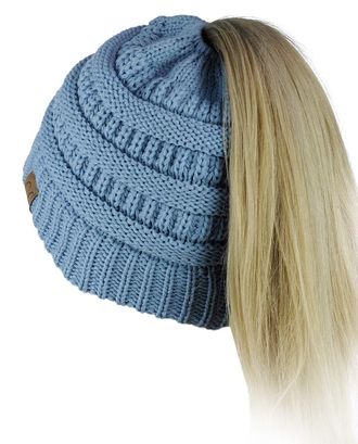 C.C CC BeanieTail Soft Stretch Cable Knit Messy High Bun Ponytail Beanie Hat, Denim