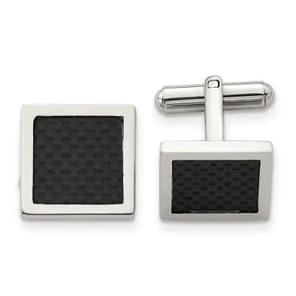 Diamond2Deal Stainless Steel Polished Black Carbon Fiber Inlay Square Cufflinks