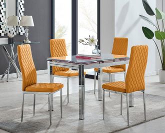Furniturebox Enna White Glass Extending 4-6 Seater Dining Table & 4 Milan Faux Leather Chairs in Mustard