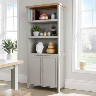 Home Source Industries Home Source - Oak Tall Display Bookcase 3 Shelf 2 Door Storage Cupboard Metal Handles 36mm Top