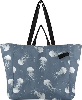 Generic Underwater Jellyfish Blue print Reusable Canvas Tote Bag, Heavy Duty Grocery Shopping Bag with Double Handles Large Capacity Hard Bottom Work Grocerie