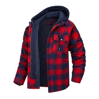 Generic RLEHJN Lumberjack Jacket Mens UK Sale Clearance Winter Jackets for Men Checked Shirt Jacket Plaid Coat Long Sleeve Hooded Jacket Full Zip Casual Coat 