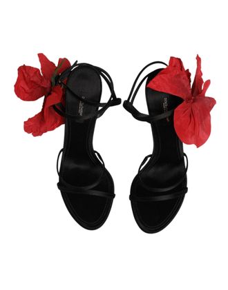 Dolce & Gabbana Womens Black Leather Strappy Flower Heels Sandals Shoes Se+vi+goat