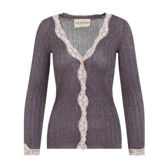 Valentino Cardigans, female, Brown, Size: S Lurex Knitted Cardigan With Lace