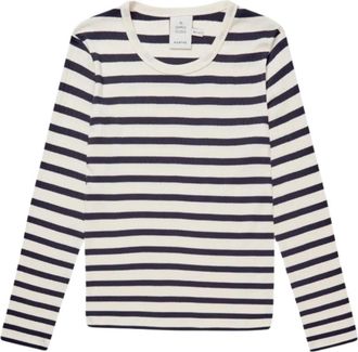 Munthe Gestreepte Navy Trui met Vrouwelijke Details - Dames - Longsleeves - Blauw - M - Katoen - Tops