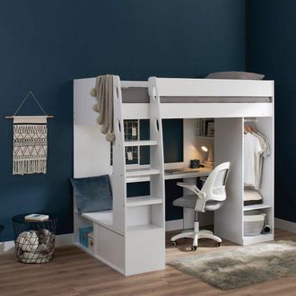 Flair Harry High Sleeper Bed with Desk, Wardrobe & Storage in White | Size: Single