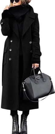 Generic Womens Winter Double Breasted Coat Business Casual Long Winter Pea Coat with Belt (Black,M)