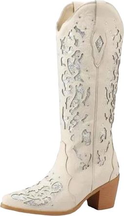 Generic Womens Vintage Western Cowboy Knee High Boots Floral Embroidered Cowgirl Shoes
